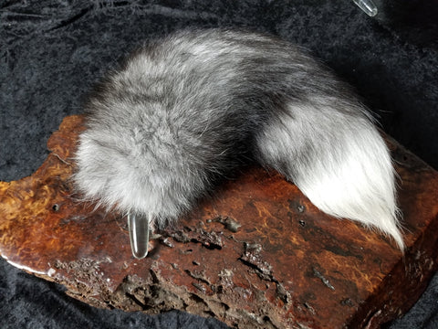 Extra Extra Fluffy Long Silver Fox Tail "SnugFit" Glass Butt Plug, Beginner to XL Plugs.  Real Fox Fur Pet Play Anal Tail by Thriving Lotus
