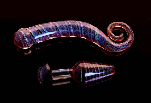 Dichroic Glass Dildo and Butt Plug Set -Tantra Love Chests-Garnet Red and Purple sparkles- with small matching plug and Box, Sex Toy Sets